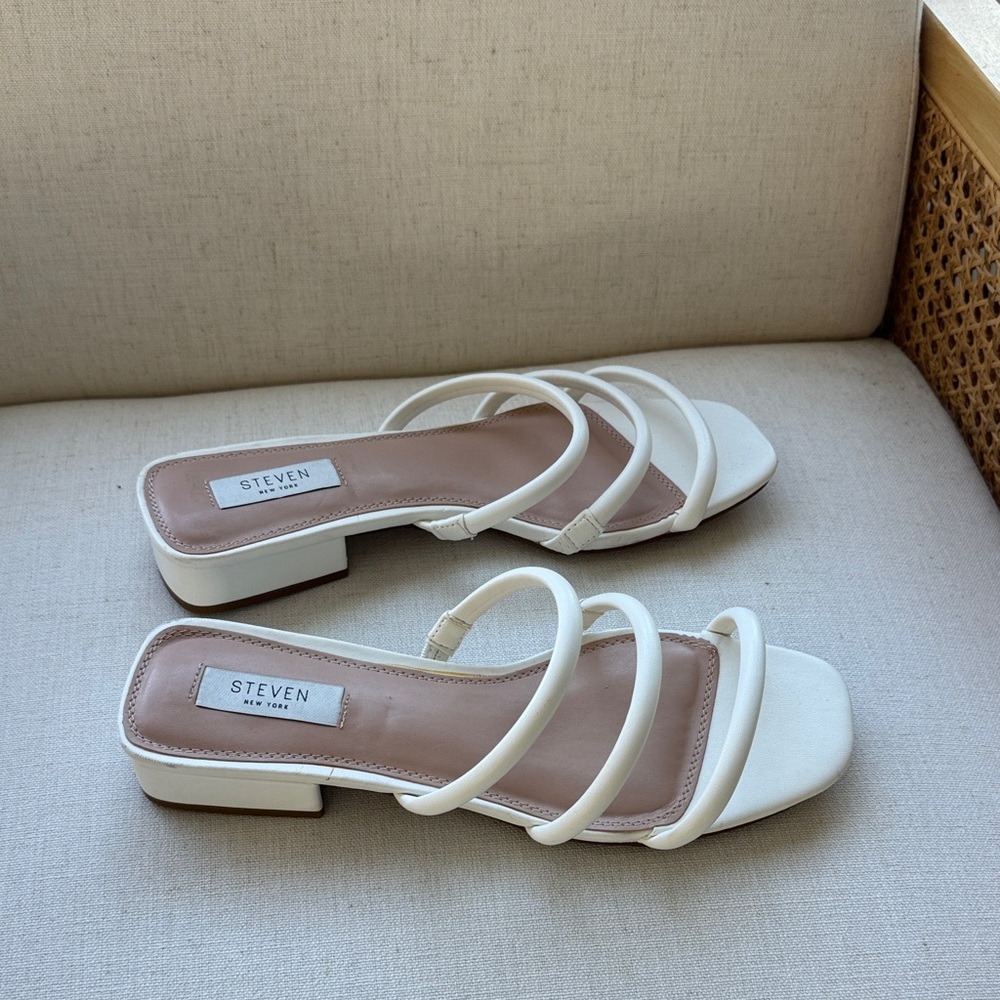 Steven New York White Strappy Low Block Heel Mules